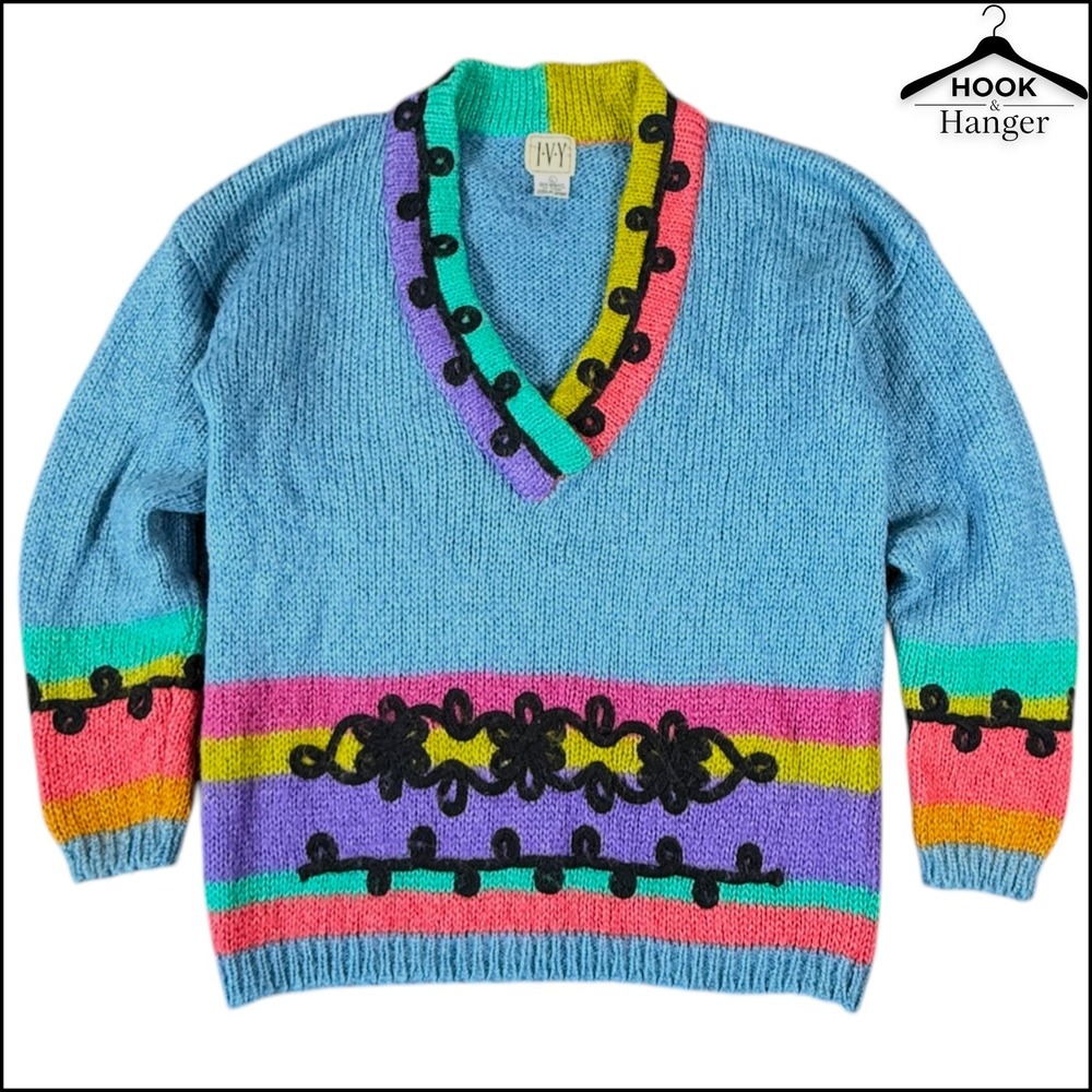 VTG 90s IVY Mohair Blend Colorblock Knit Sweater L Blue Pink Cozy Artsy Bold Y2K